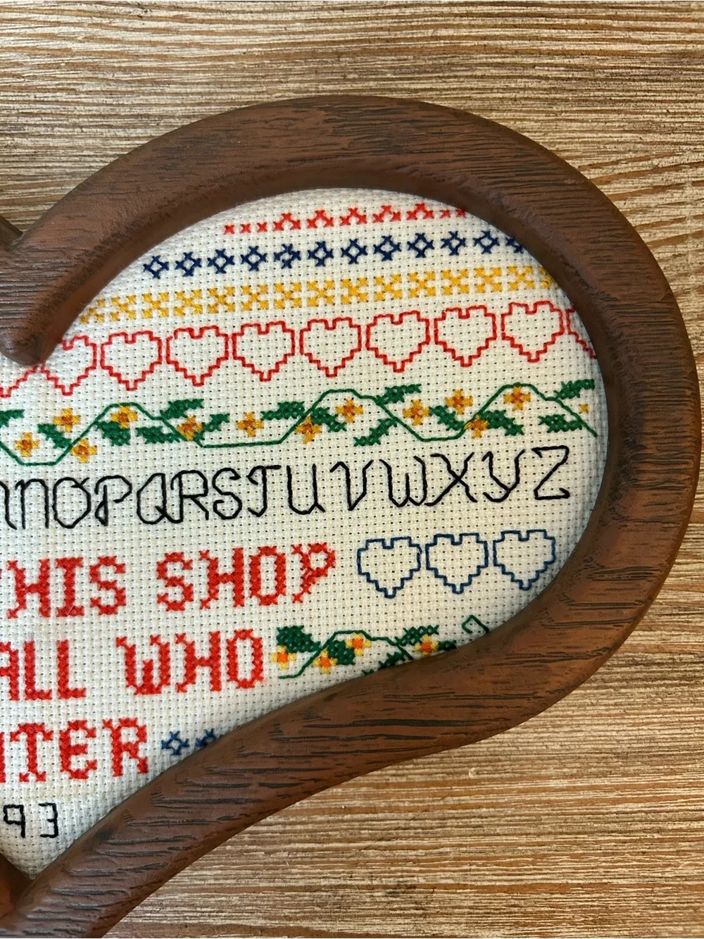 Vintage 90s - Bless This Shop and All Who Enter - Cross Stitch Heart Wood Frame